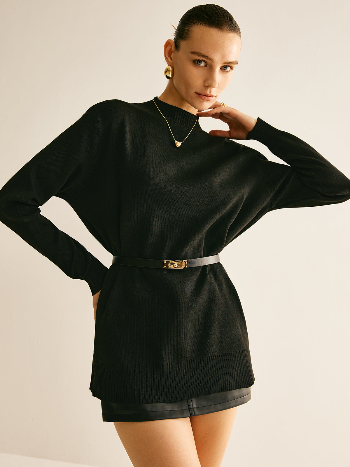 Düz Mock Neck Çok Amaçlı Kemerli Kazak