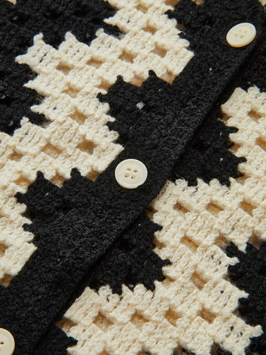 V-Yaka Şeritli Önden Düğmeli Hırka