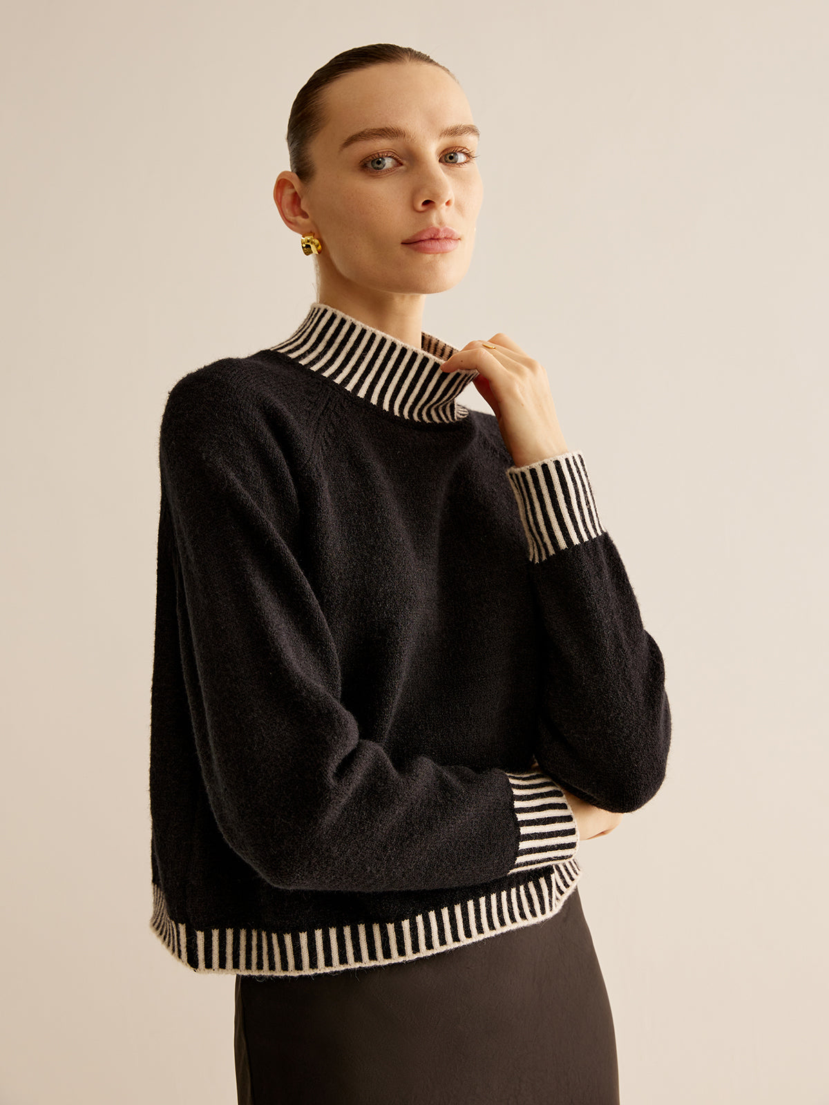 Mock Neck Kontrast Çizgili Kazak