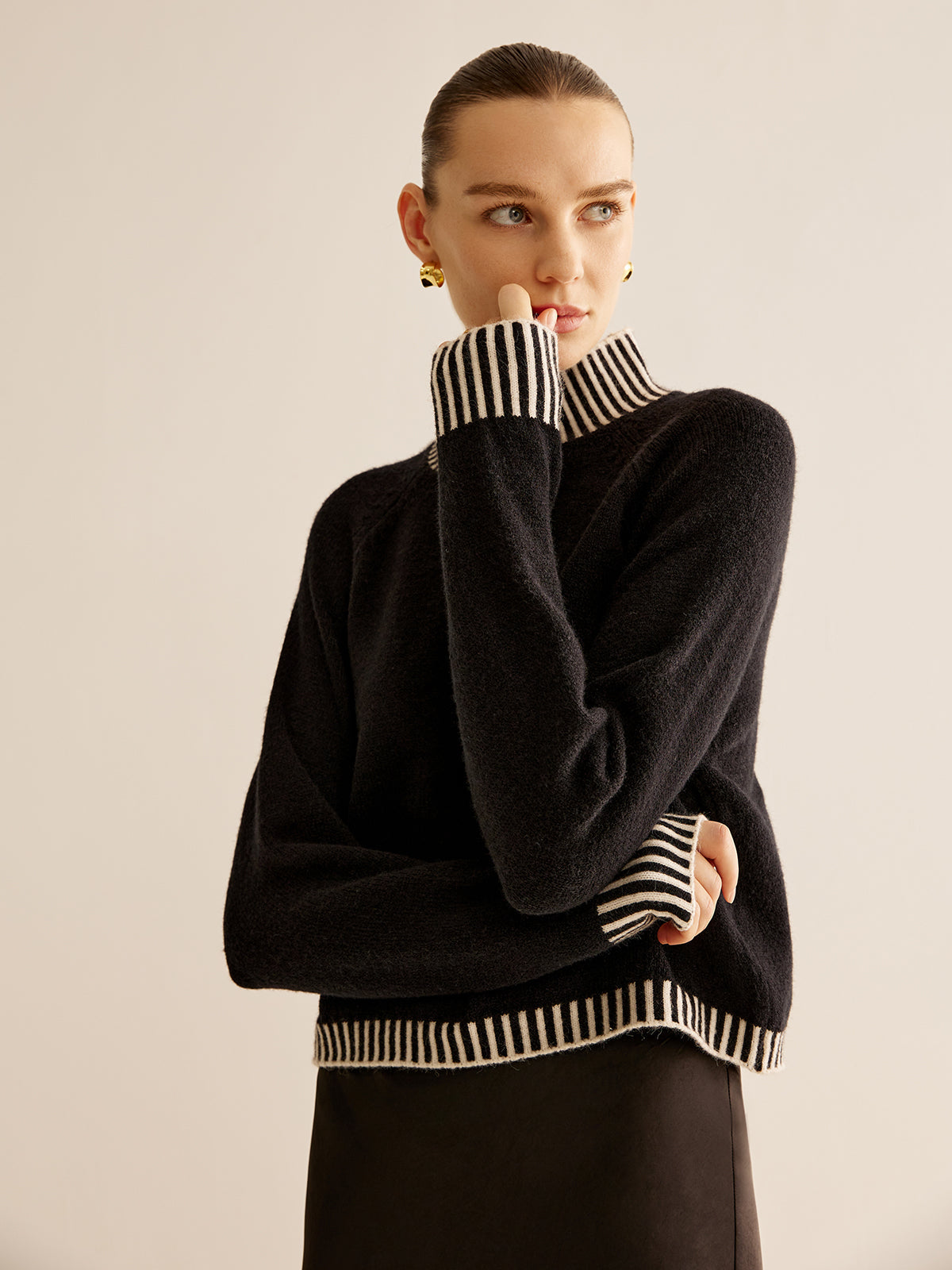 Mock Neck Kontrast Çizgili Kazak