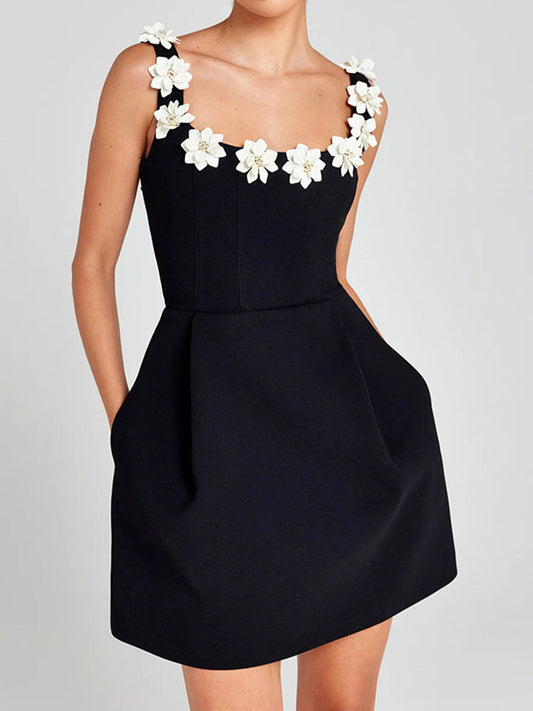 3D Çiçek Desenli Fermuarlı Arka Tank Elbise