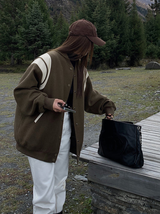 Yüksek Yaka Kontrast Şerit Cep Ceket