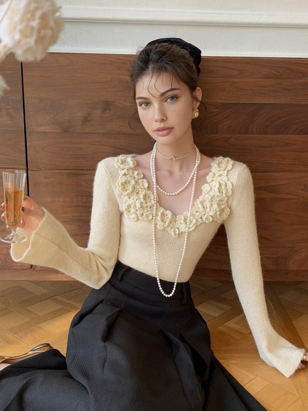 Flower Patterned Collar Ribbed Knit Top