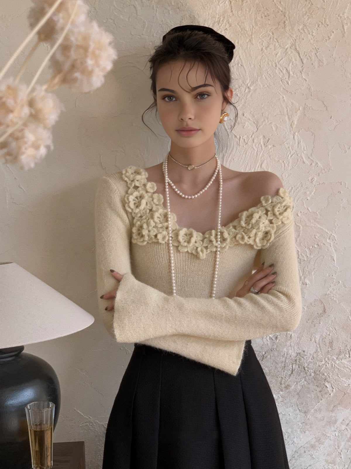 Flower Patterned Collar Ribbed Knit Top