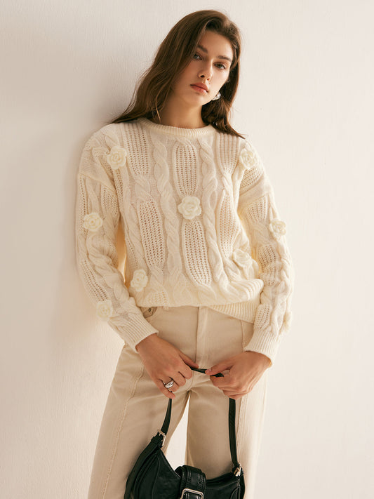 3D Çiçek Örgü V yaka Kazak