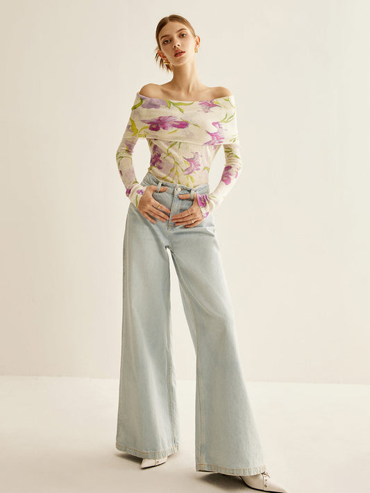 Romantik Off-Shoulder Baskılı Triko Üst