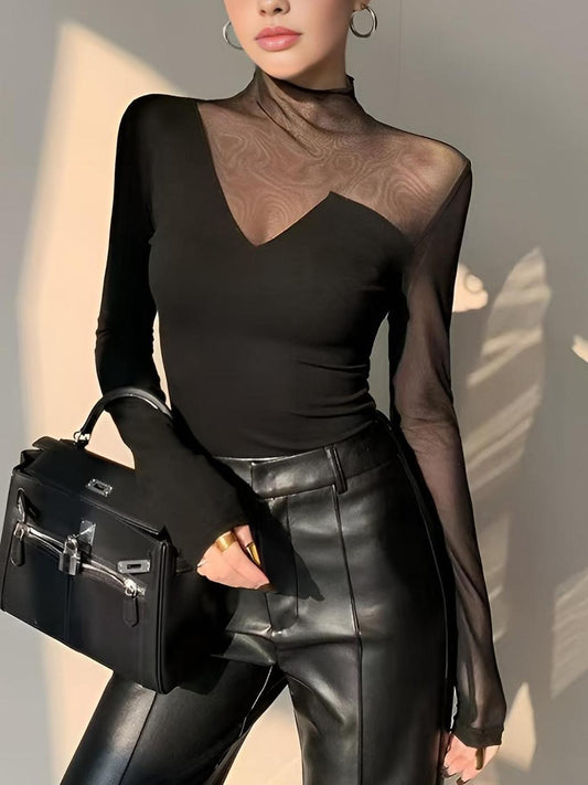 Asimetrik Şeffaf File Panel T-Shirt