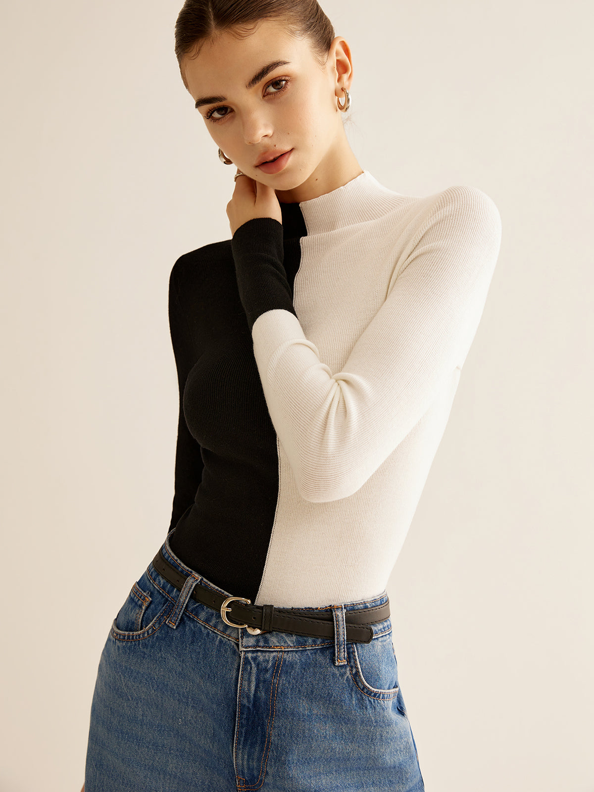 Yün Karışımlı İki Renkli Skinny Örgü Üst