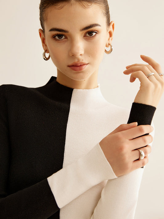 Yün Karışımlı İki Renkli Skinny Örgü Üst