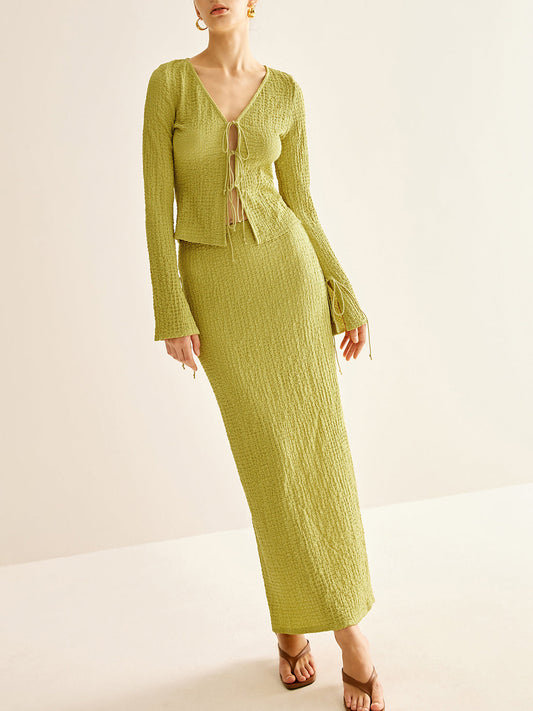 Düz V Yaka Dantel Ilaveli Etek Takımı