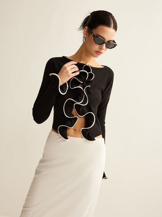 Kontrast Sırtı Volanlı Dar Kesim Hırka