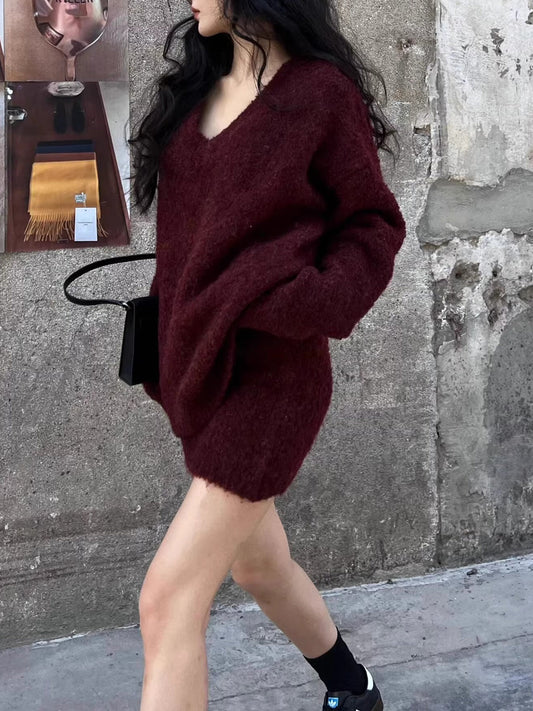 V-Yakalı Minky Kazak Etek Takımı