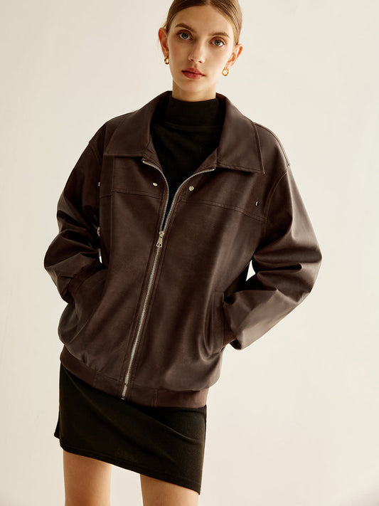 Fermuarlı PU Deri Ceket