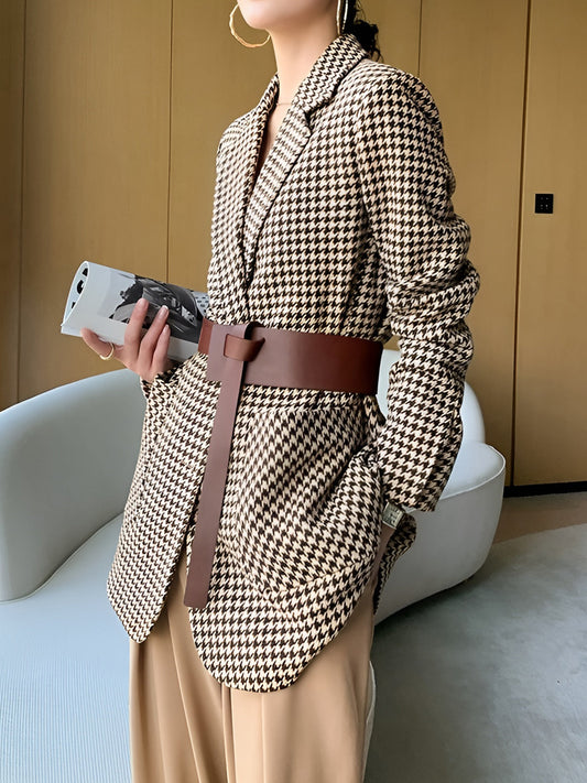 Houndstooth Kemerli Ayrık Ceket