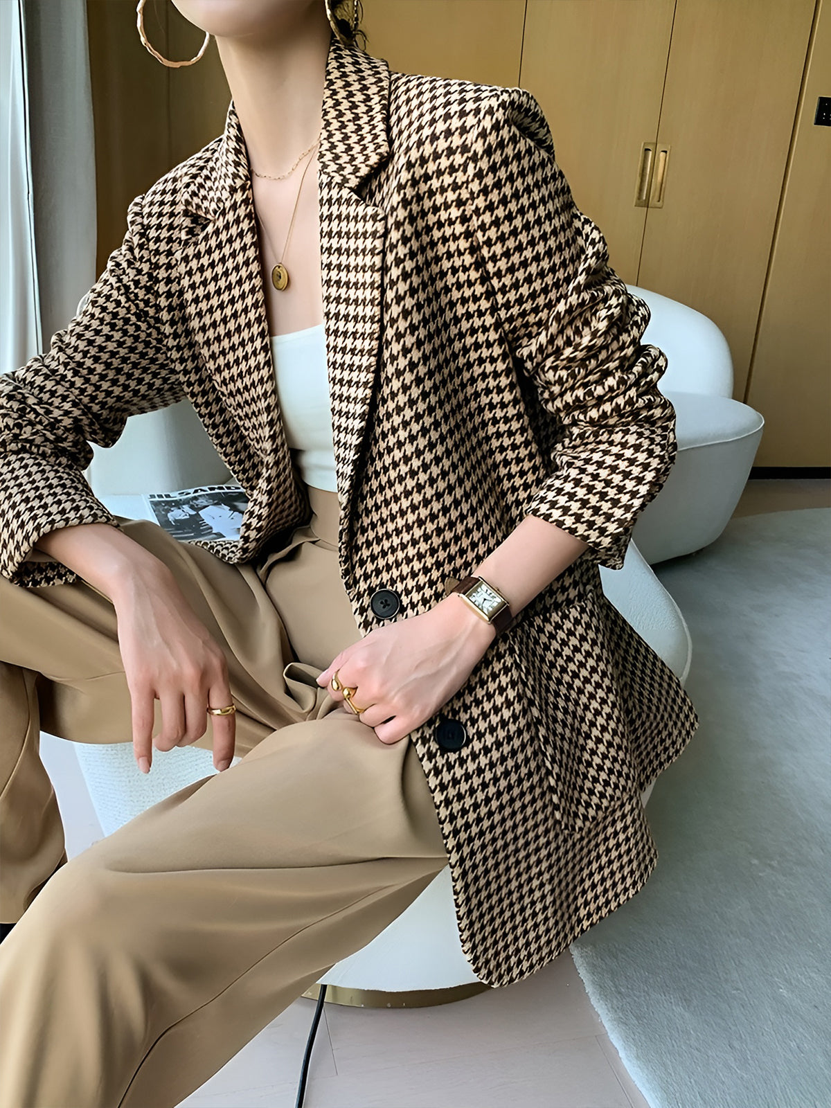 Houndstooth Kemerli Ayrık Ceket