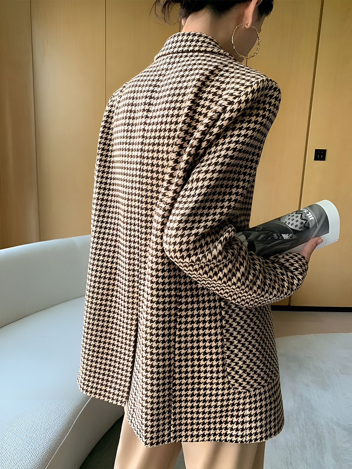 Houndstooth Kemerli Ayrık Ceket