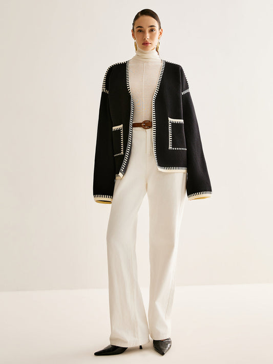 Belt ile Kontrast Bağlama Split Cardigan