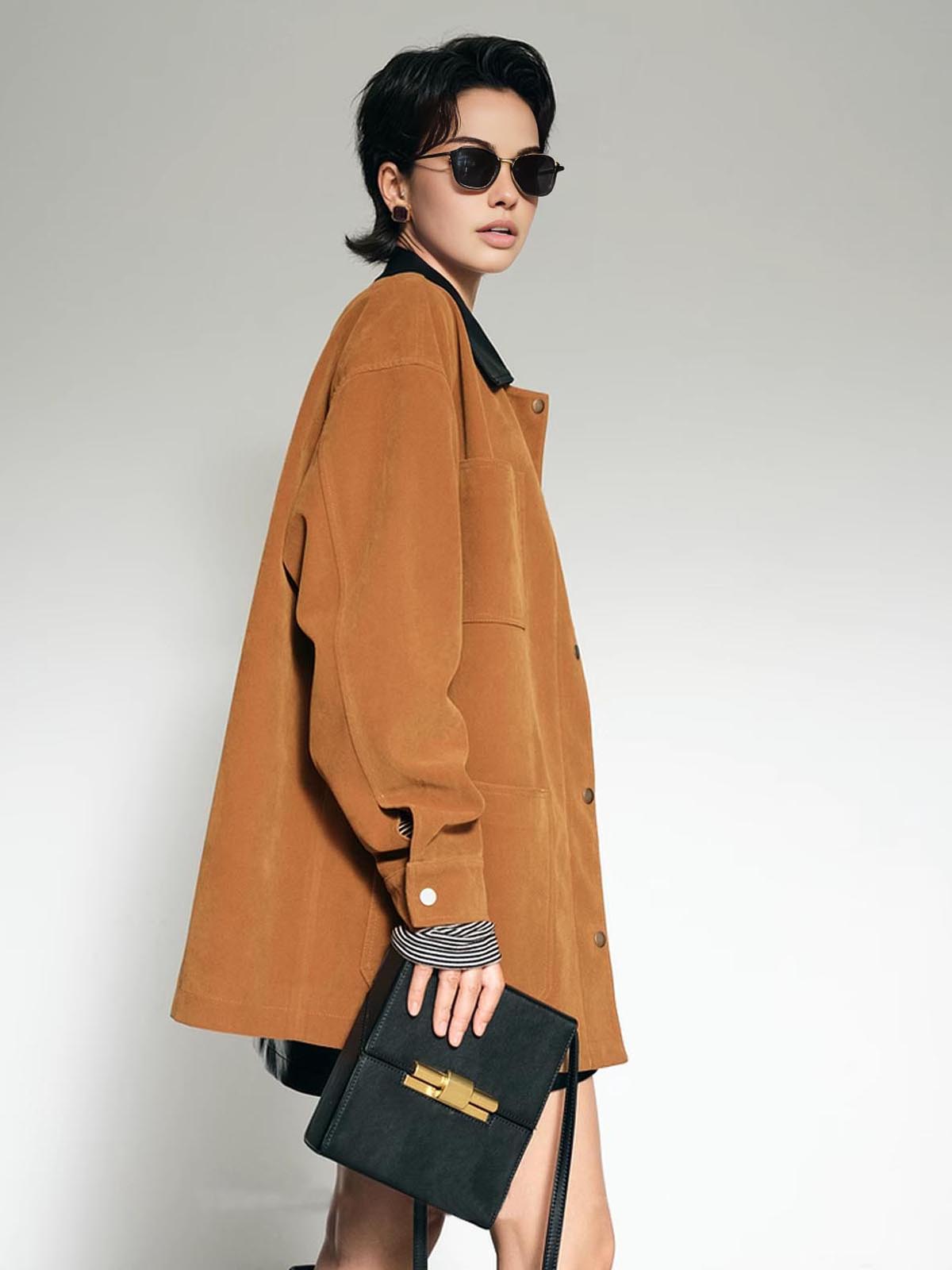 Kontrast Yaka Oversized Süet Ceket