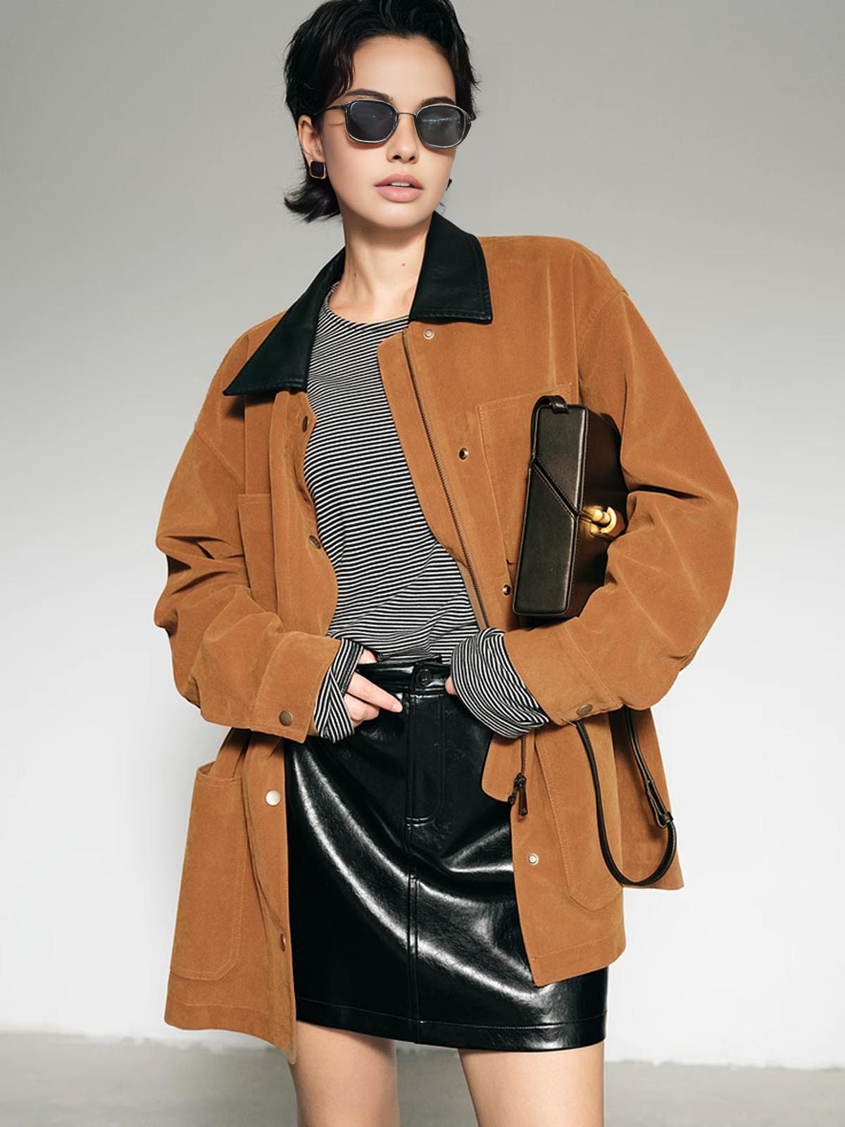 Kontrast Yaka Oversized Süet Ceket