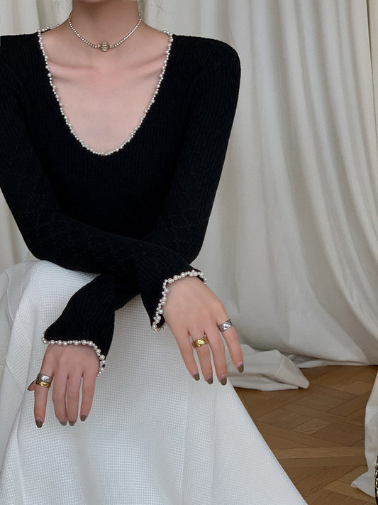 V-Yaka İnci Detaylı Triko Üst