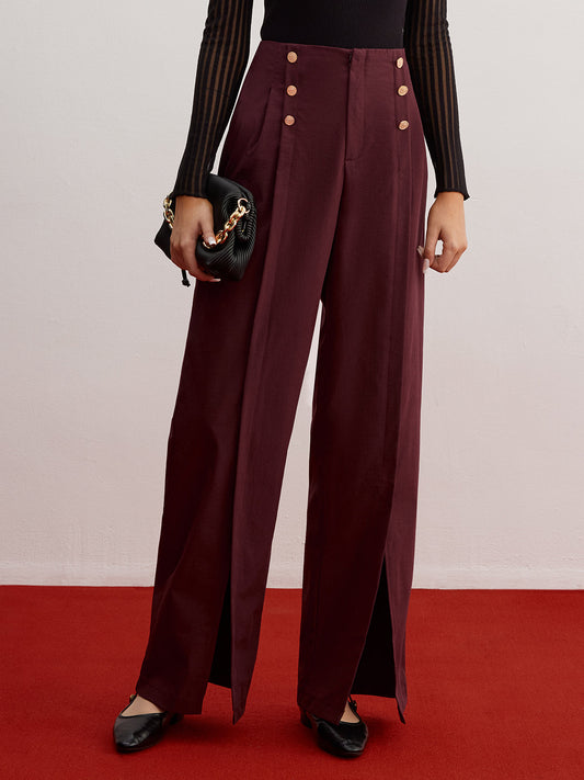 Düğme Dekor Kesik Geniş Paça Pantolon