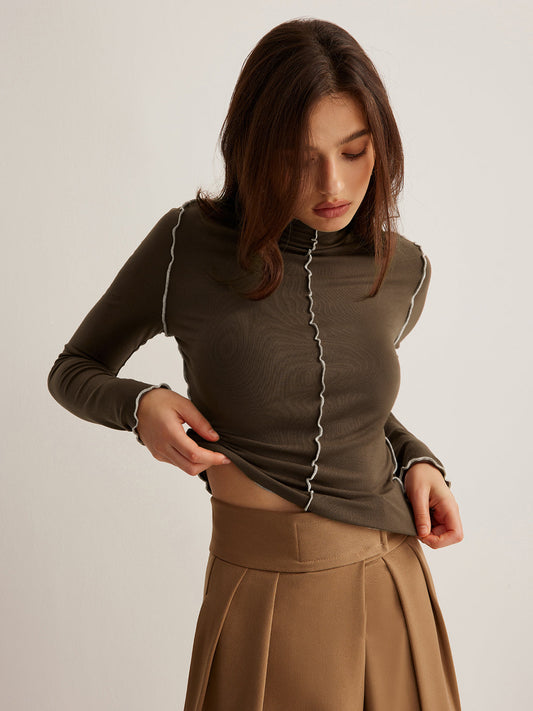 Mock Neck Wave-Piping Jersey Üstü