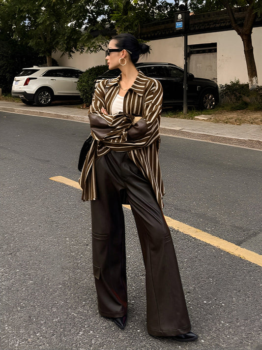 Aşırı Büyük Pamuklu Panel Çizgili Polo Tişört