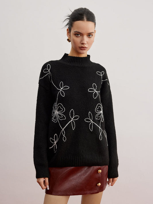 Mock Neck Çiçek Desenli Shift Kazak