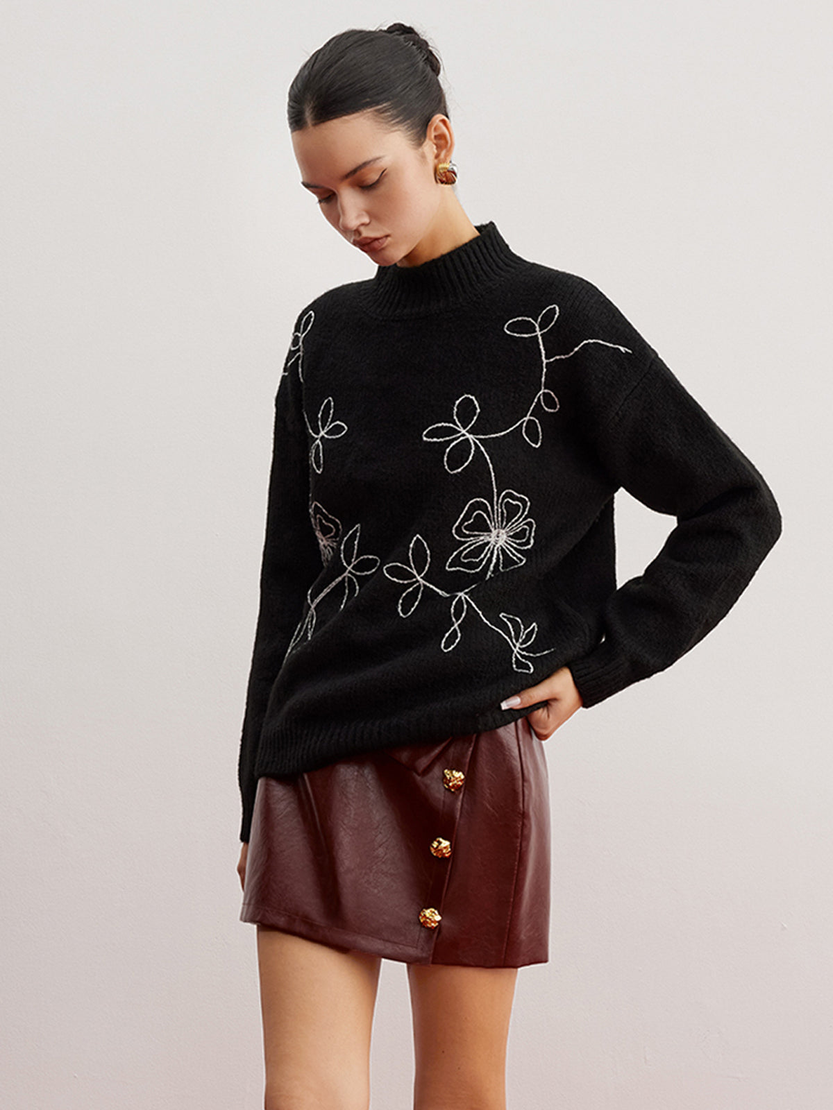 Mock Neck Çiçek Desenli Shift Kazak