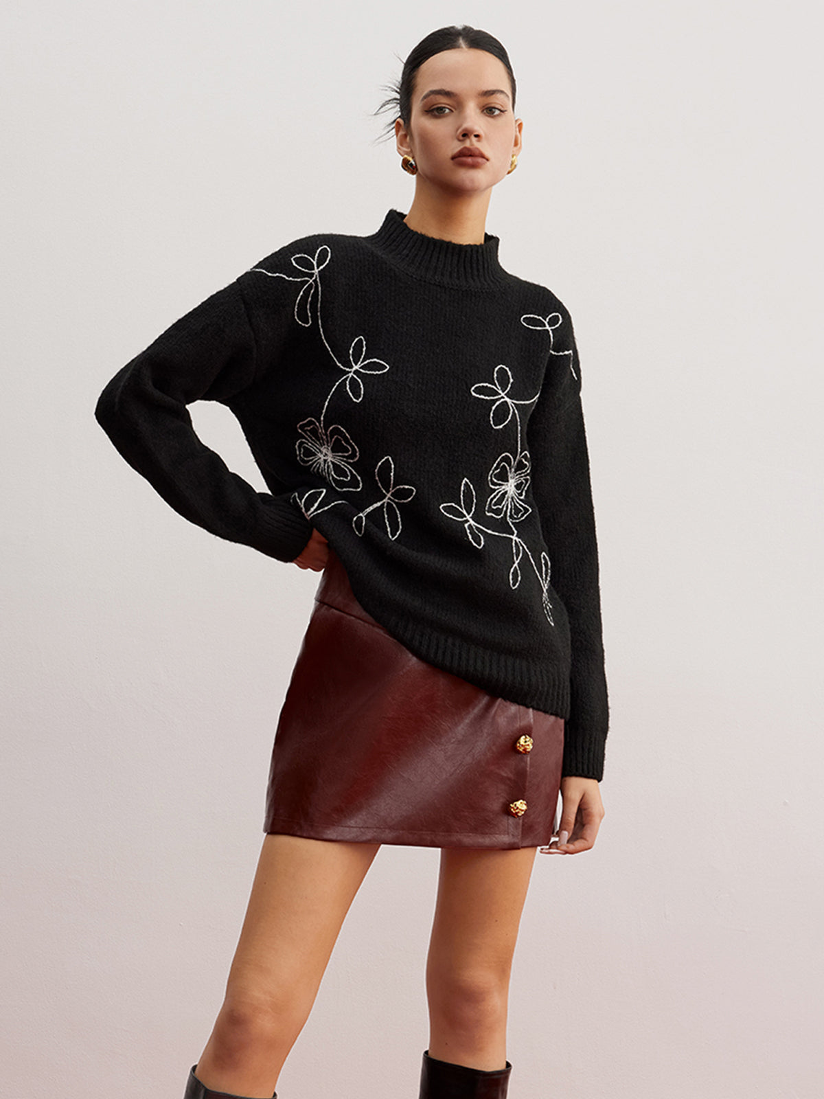 Mock Neck Çiçek Desenli Shift Kazak