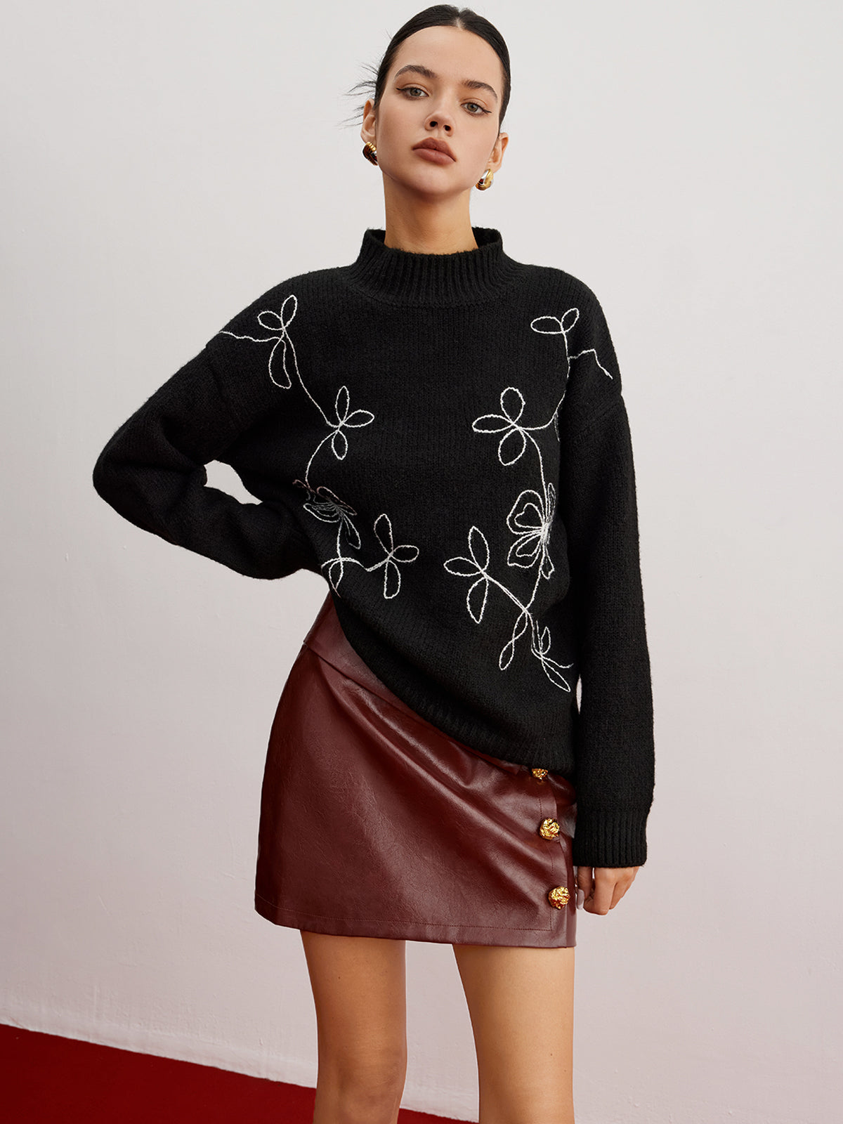 Mock Neck Çiçek Desenli Shift Kazak