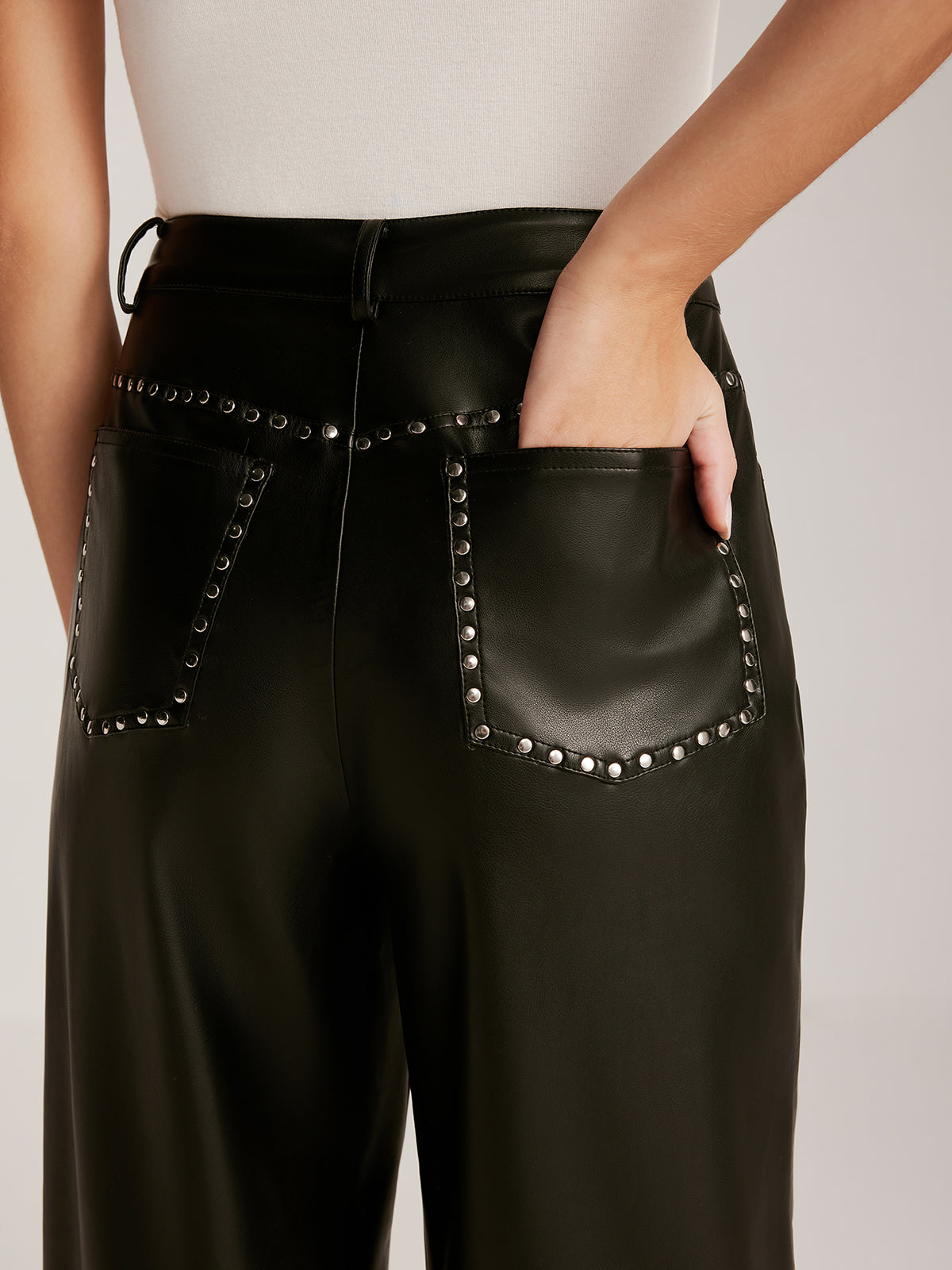 Studded-Decor PU Deri Düz Pantolon