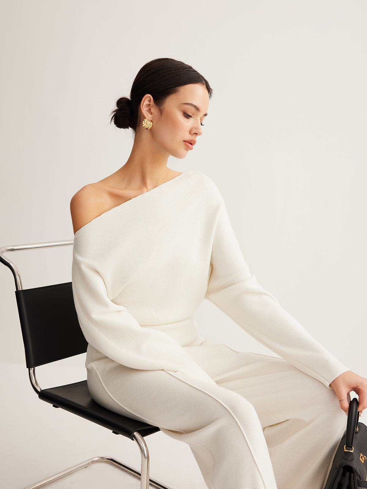 Wool Blend Asymmetric Collar Knit Blouse