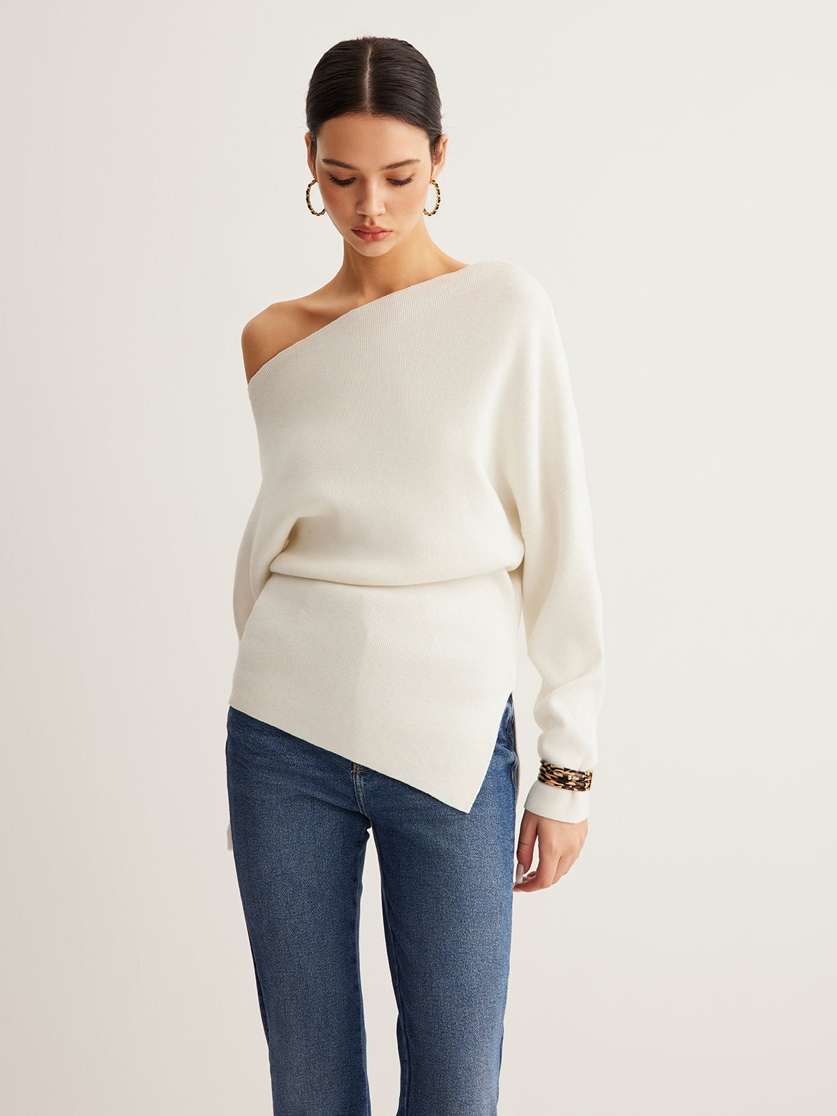 Wool Blend Asymmetric Collar Knit Blouse