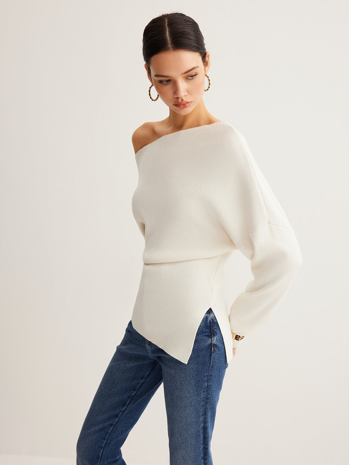 Wool Blend Asymmetric Collar Knit Blouse