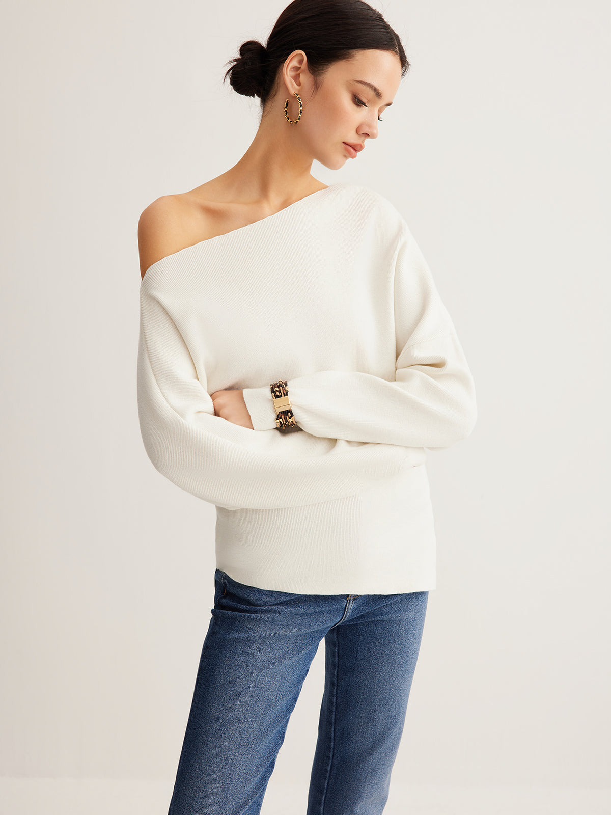 Wool Blend Asymmetric Collar Knit Blouse