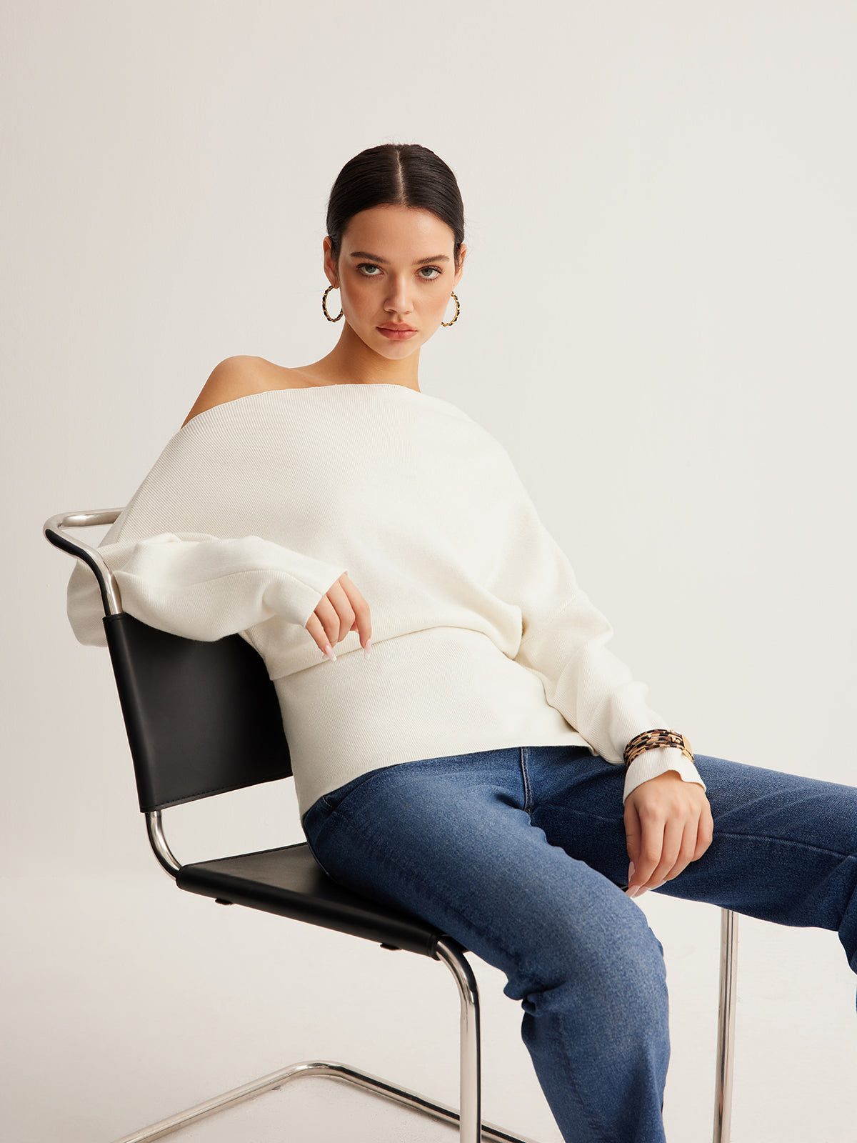 Wool Blend Asymmetric Collar Knit Blouse