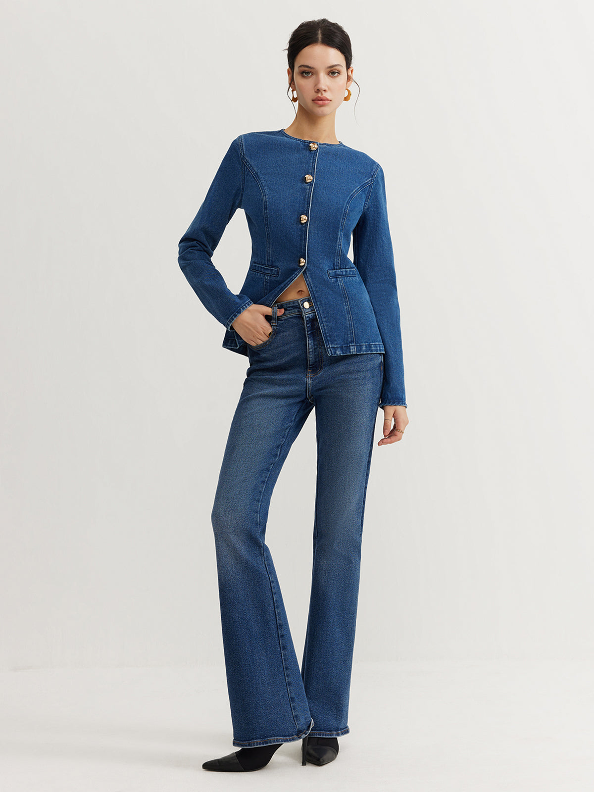 Düğmeli Denim Dar Ceket