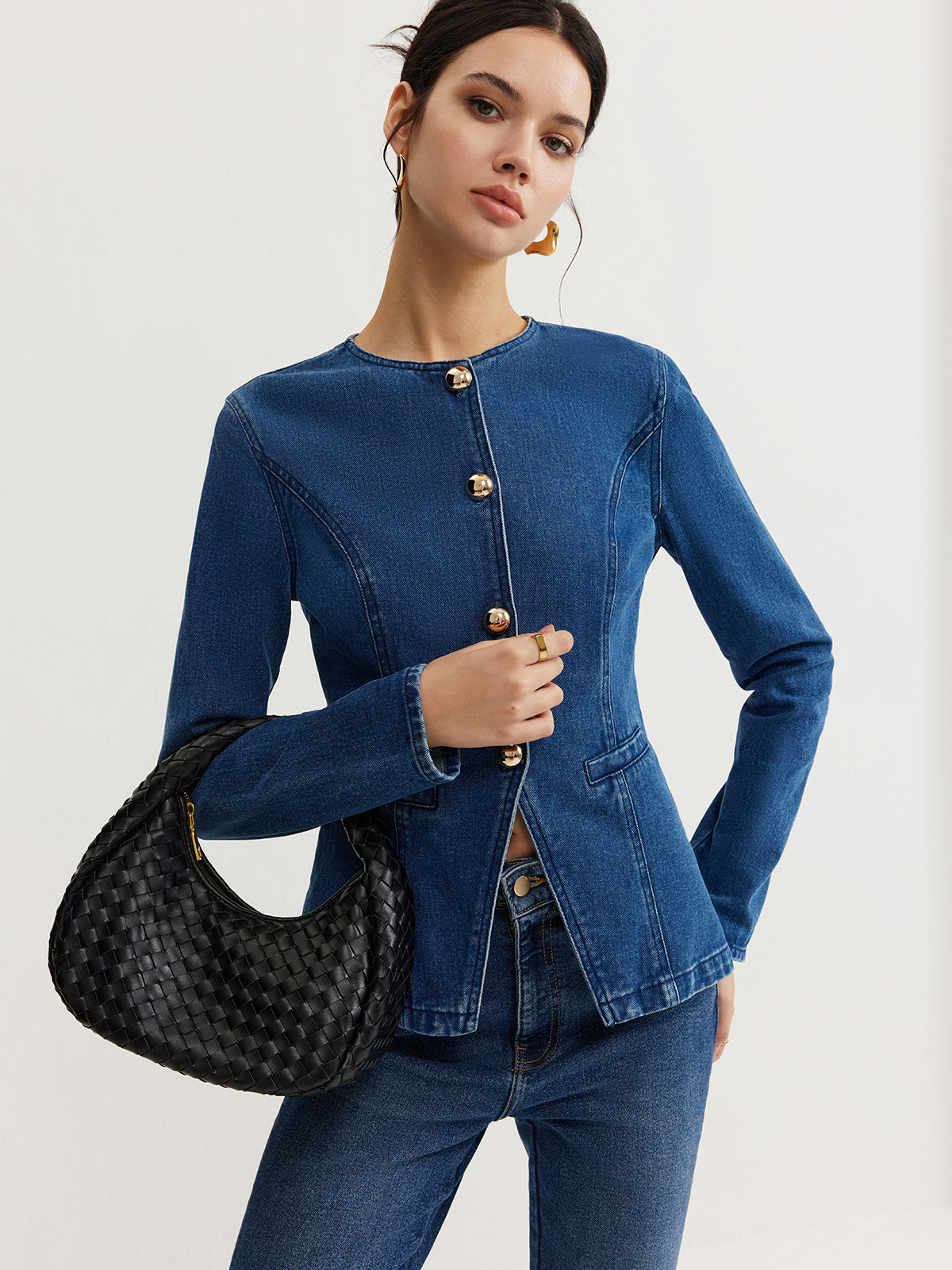 Düğmeli Denim Dar Ceket