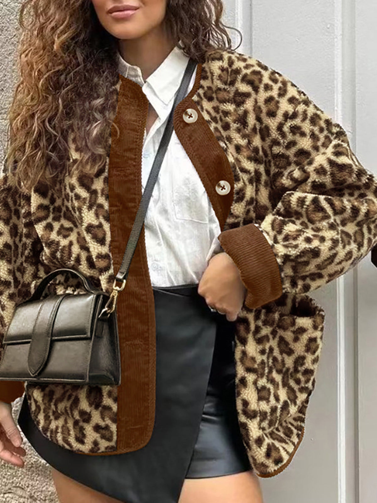 Kontrast Trim Minky Leopar Ceket