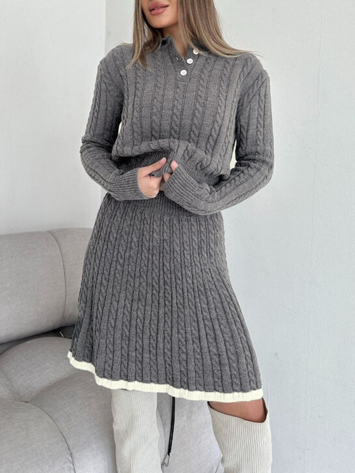 Contrast Trim Cable-Knit Peluş Etek Takımı