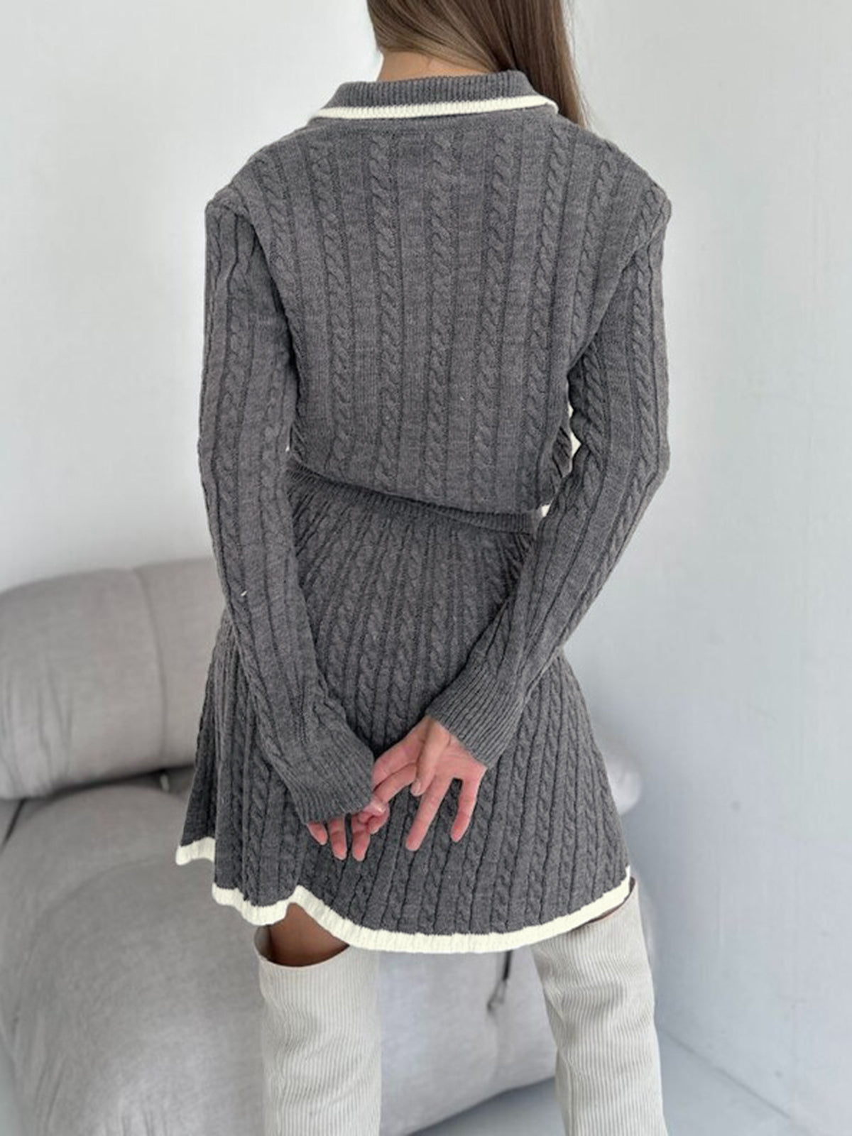 Contrast Trim Cable-Knit Peluş Etek Takımı