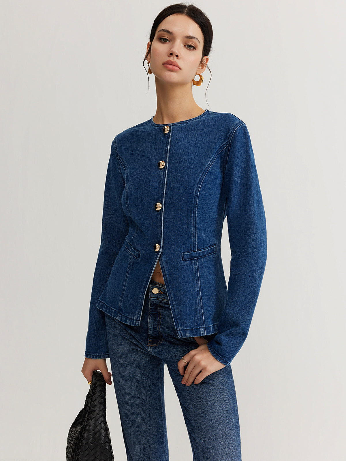Düğmeli Denim Dar Ceket