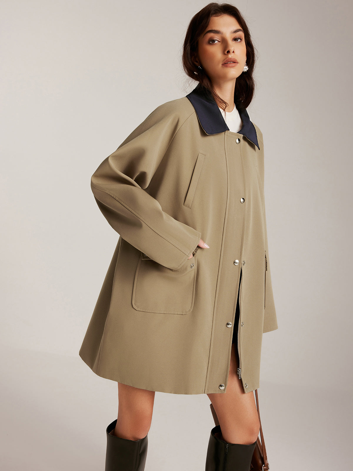 Farklı Yaka Fermuarlı Oversize Trençkot