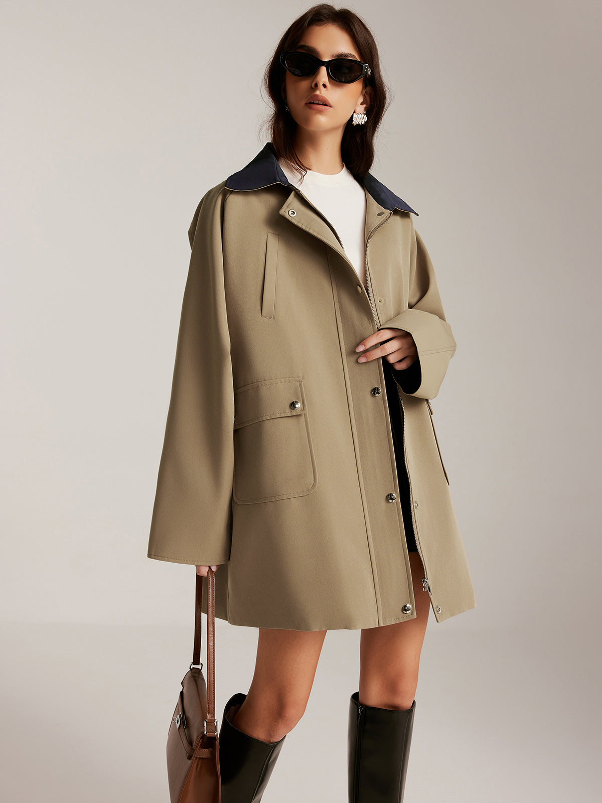 Farklı Yaka Fermuarlı Oversize Trençkot