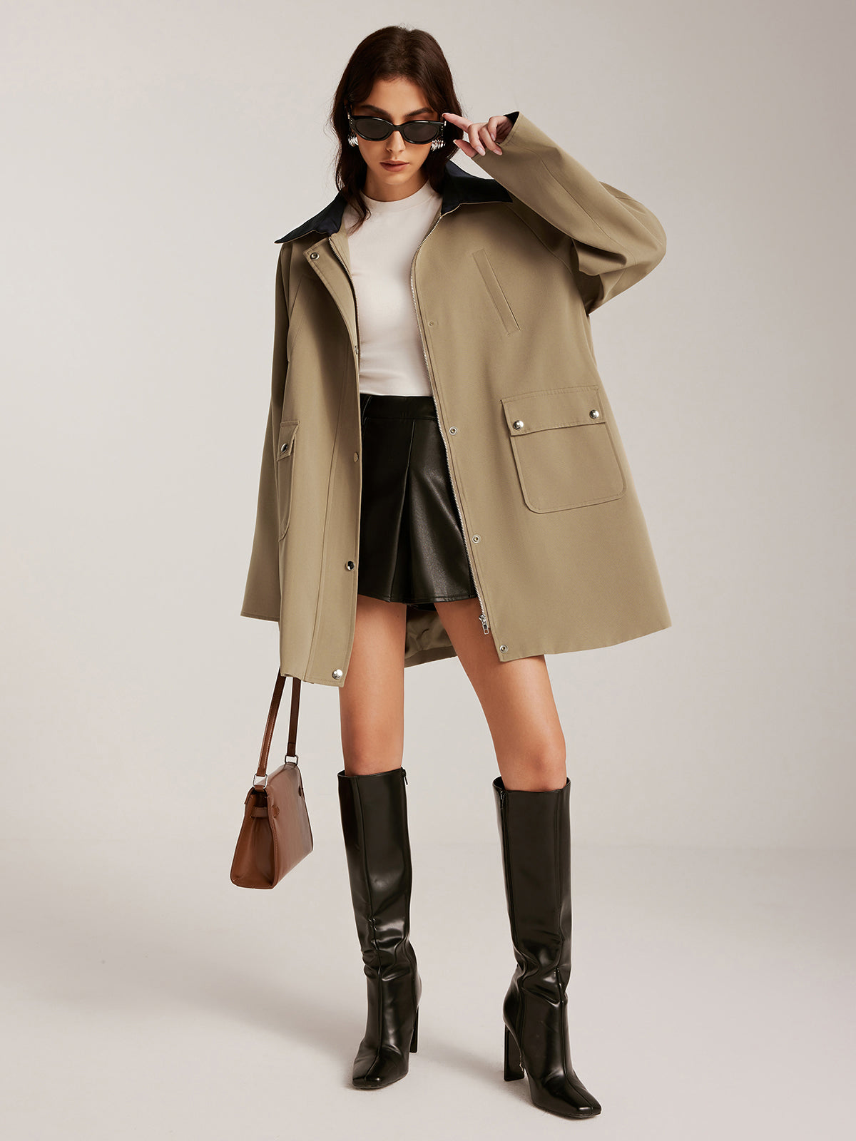 Farklı Yaka Fermuarlı Oversize Trençkot