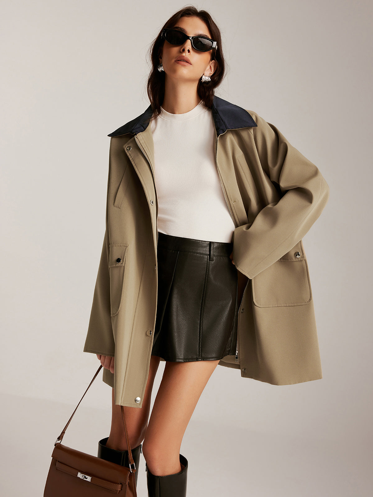 Farklı Yaka Fermuarlı Oversize Trençkot