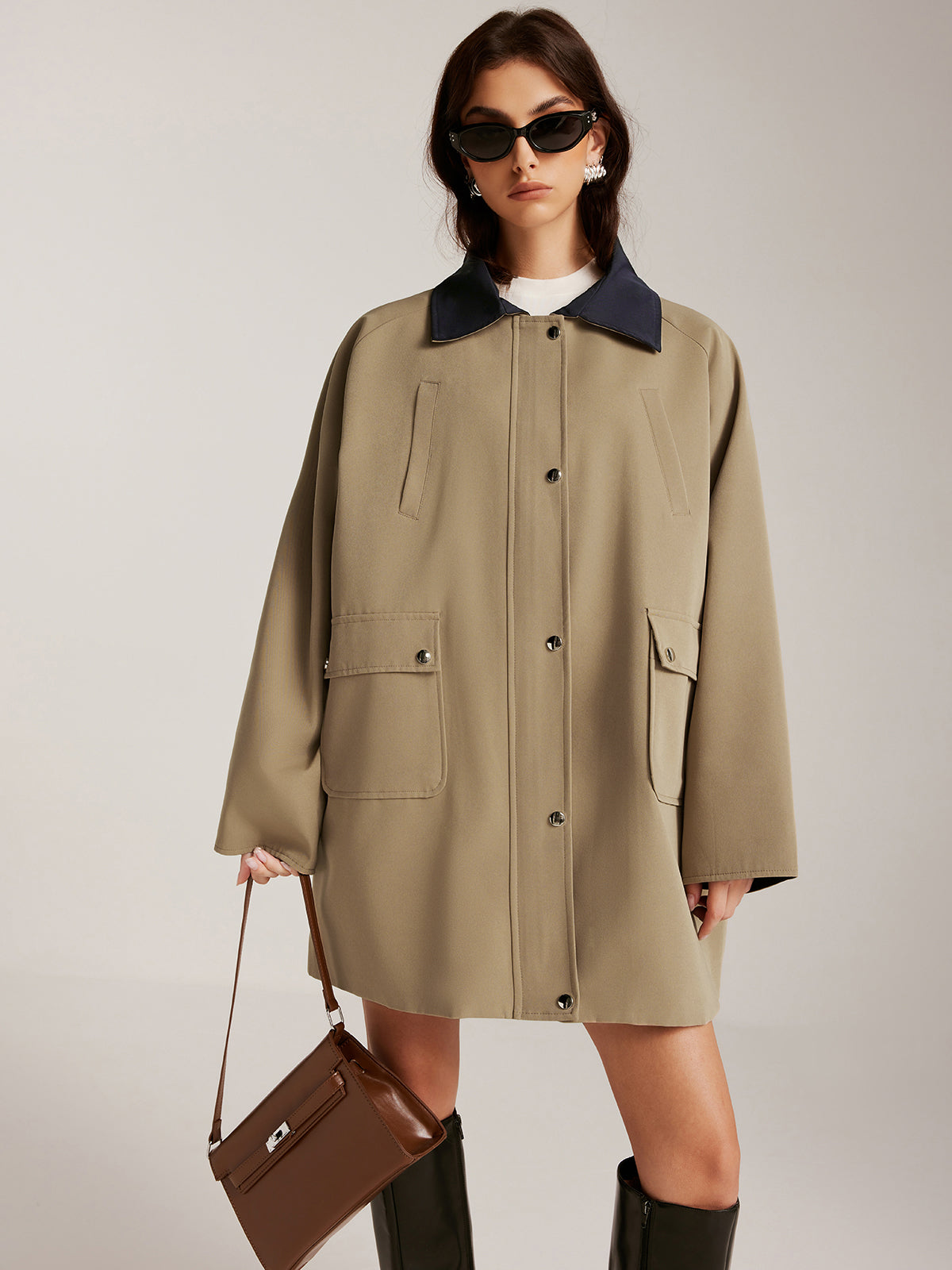 Farklı Yaka Fermuarlı Oversize Trençkot