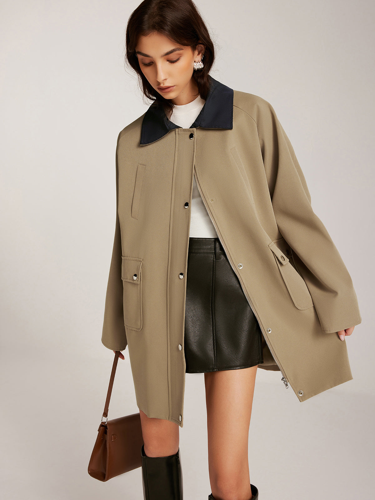 Farklı Yaka Fermuarlı Oversize Trençkot
