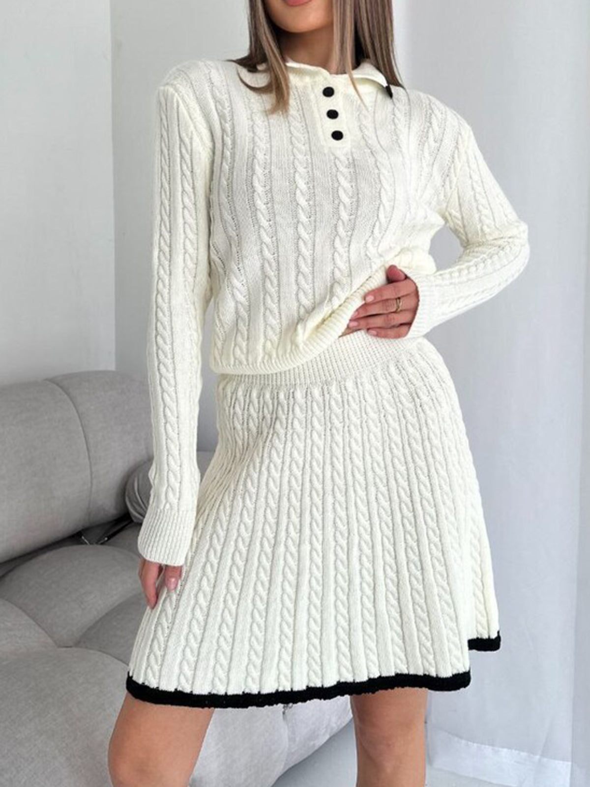 Contrast Trim Cable-Knit Peluş Etek Takımı